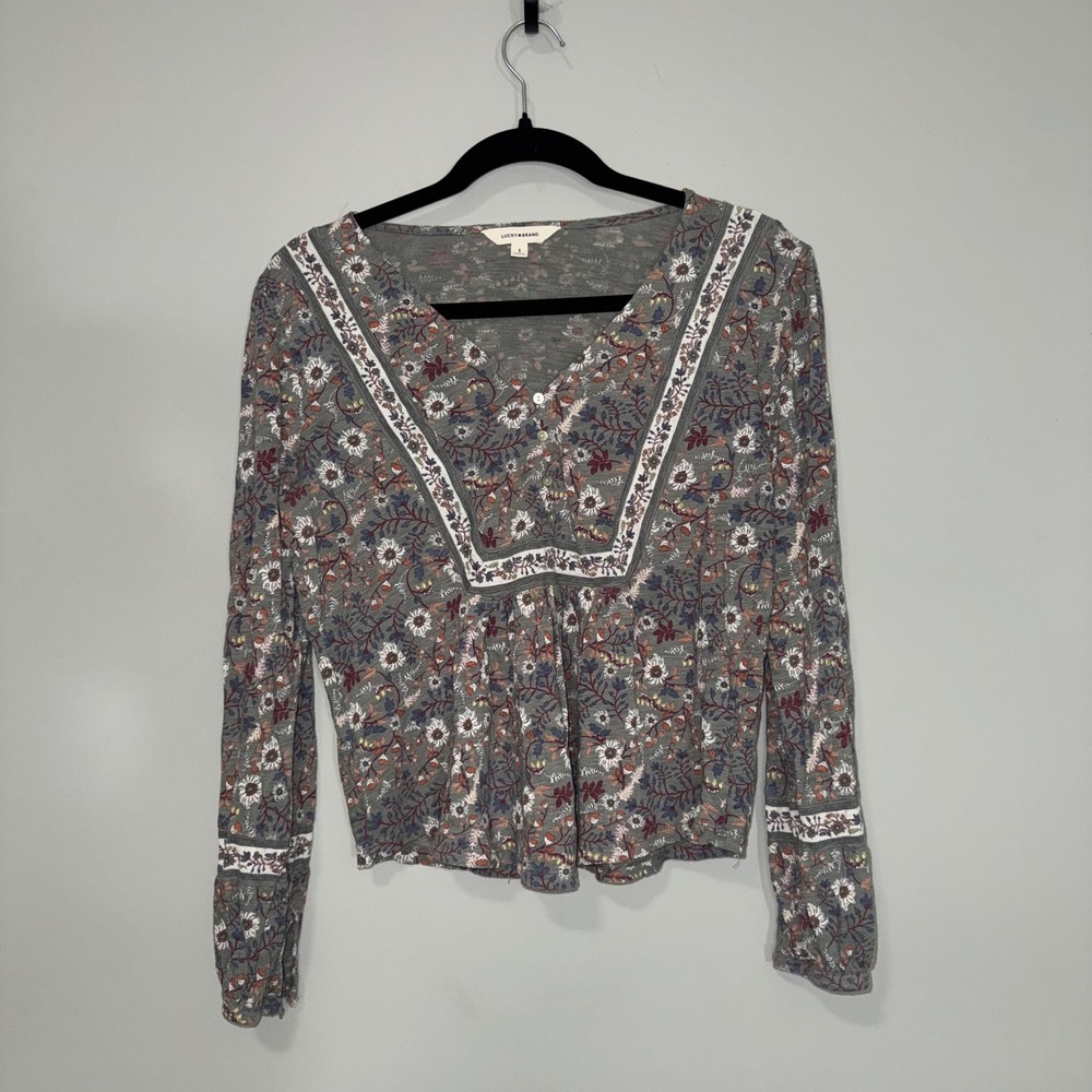 Lucky Brand Womens Small Grey‎ Floral Boho V-Neck Long Sleeve Henley Top Blouse